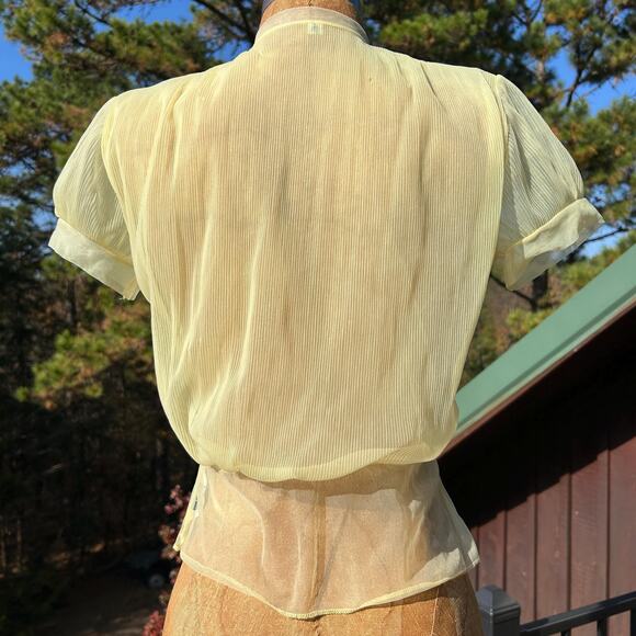 Vintage 40s/50s Yellow Sheer Chiffon Micro Pleat Ruffled Lace Puff Sleeve Blouse - Picture 6 of 10